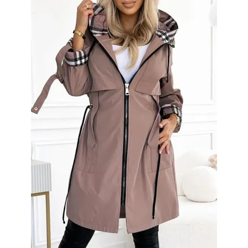 Women's Hooded Trench Coat - Longline with Adjustable Waist