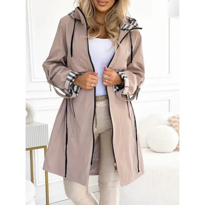 Women's Hooded Trench Coat - Longline with Adjustable Waist