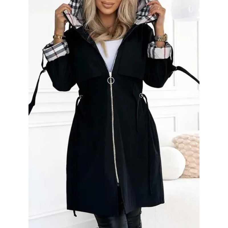 Women's Hooded Trench Coat - Longline with Adjustable Waist