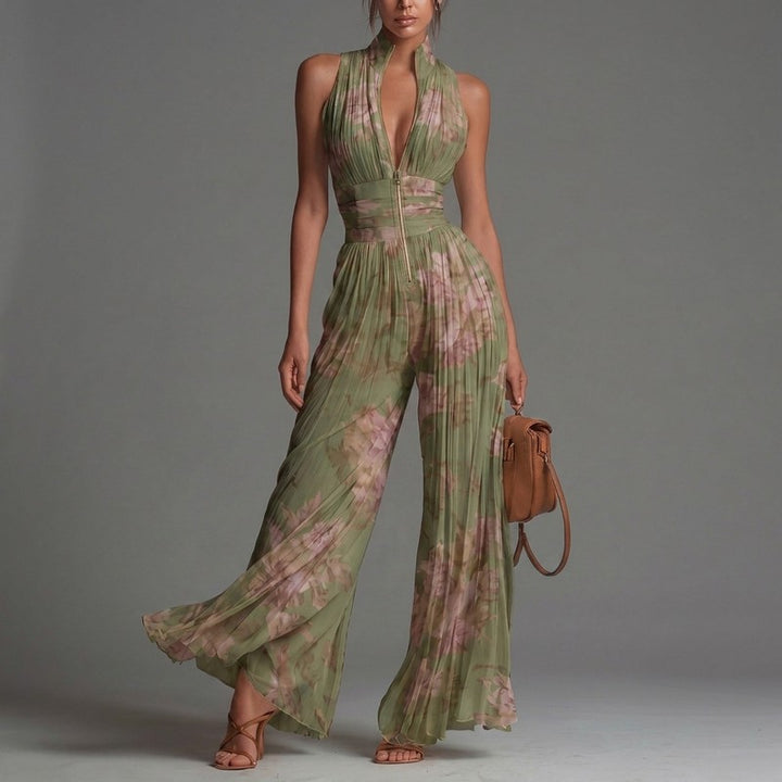 Women's Jumpsuit - Deep V-Neck Wide-Leg