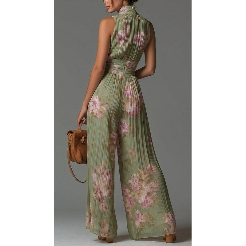 Women's Jumpsuit - Deep V-Neck Wide-Leg
