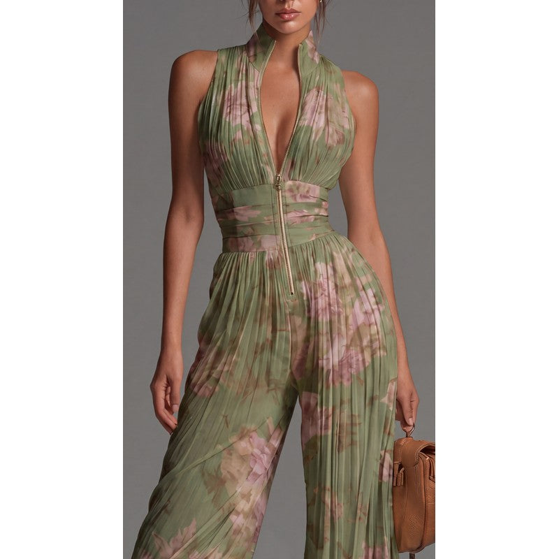Women's Jumpsuit - Deep V-Neck Wide-Leg