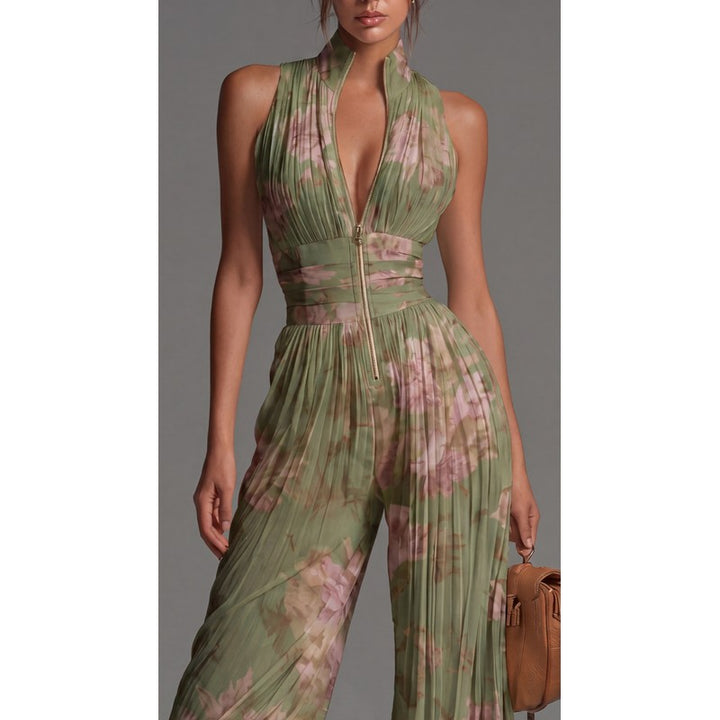 Women's Jumpsuit - Deep V-Neck Wide-Leg