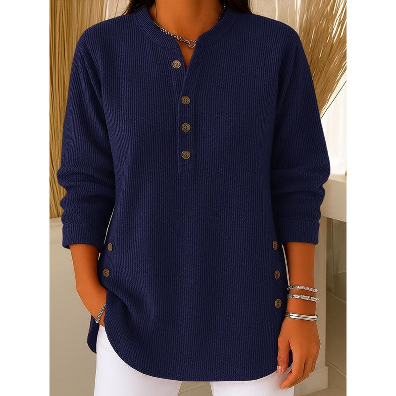 Women's Long Sleeve Henley Sweater - Ribbed Texture