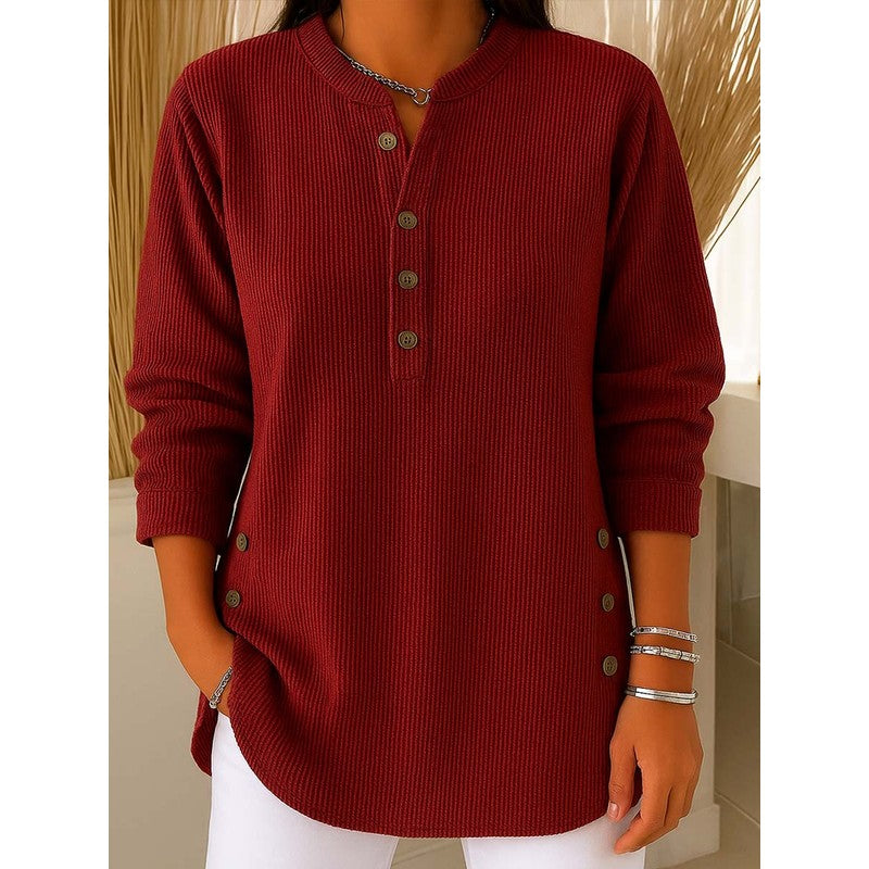 Women's Long Sleeve Henley Sweater - Ribbed Texture