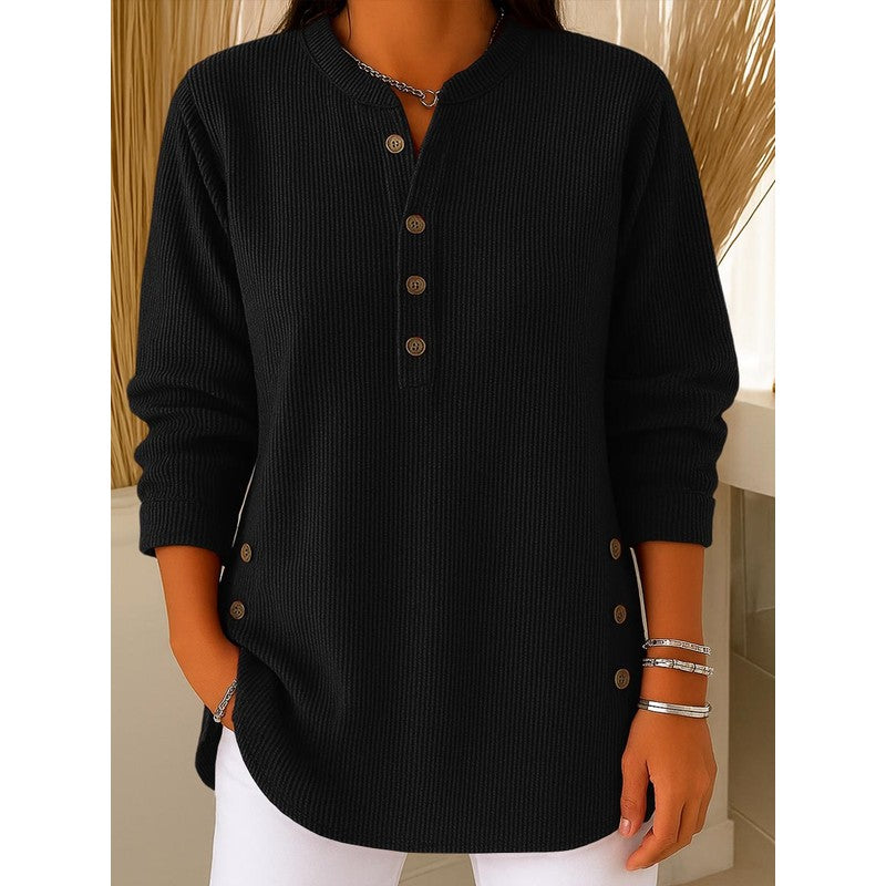 Women's Long Sleeve Henley Sweater - Ribbed Texture