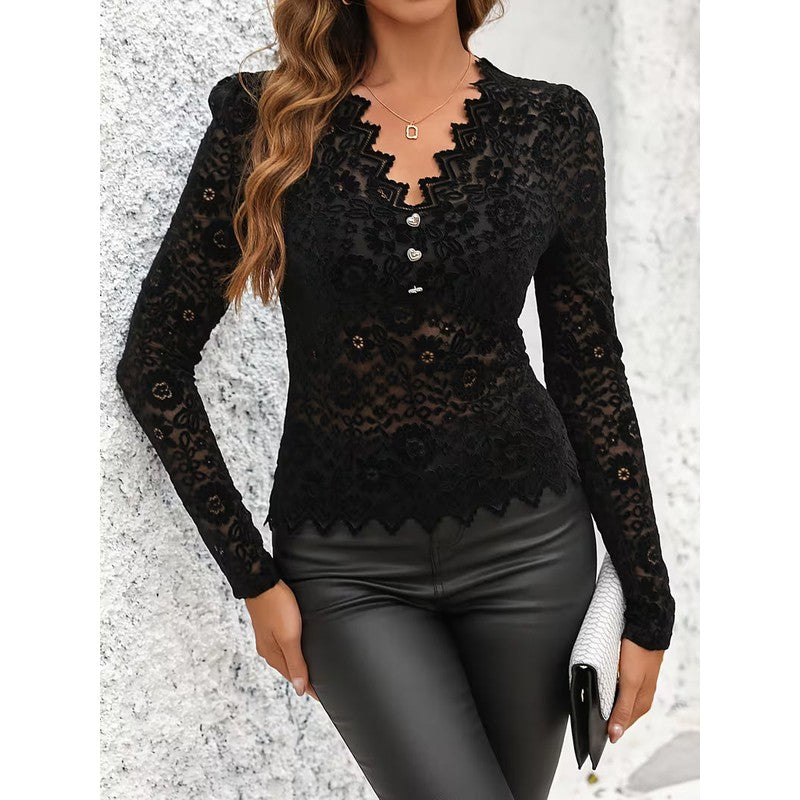 Women's Long-Sleeve Top - Floral V-Neck