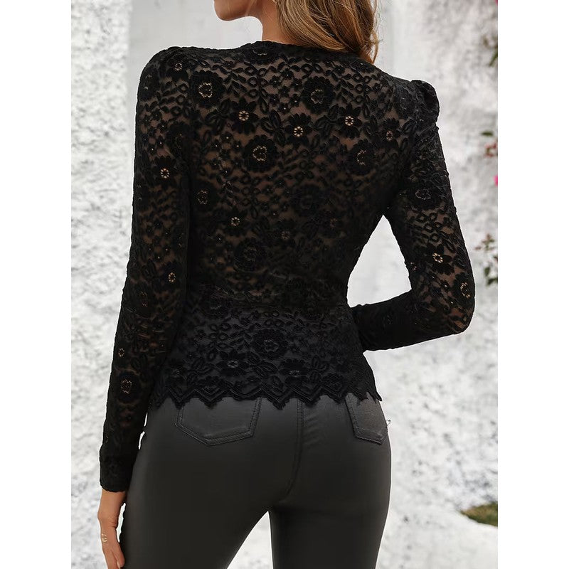 Women's Long-Sleeve Top - Floral V-Neck