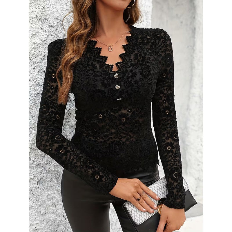 Women's Long-Sleeve Top - Floral V-Neck