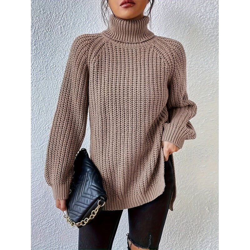 Women's Longline Turtleneck Sweater - Ribbed Knit