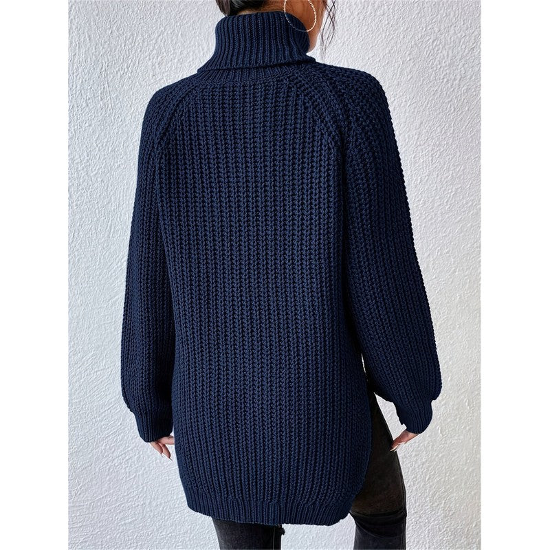 Women's Longline Turtleneck Sweater - Ribbed Knit