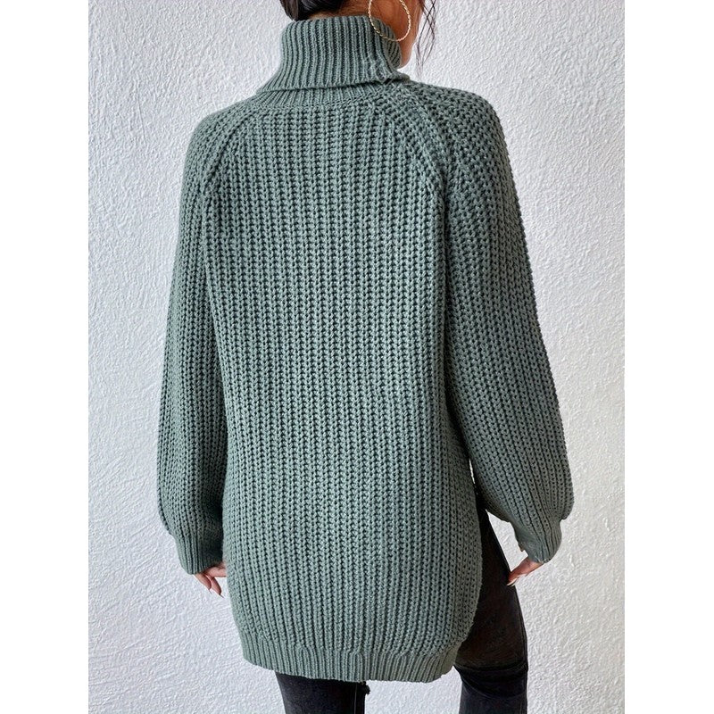 Women's Longline Turtleneck Sweater - Ribbed Knit