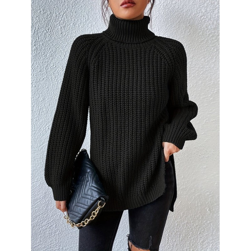 Women's Longline Turtleneck Sweater - Ribbed Knit