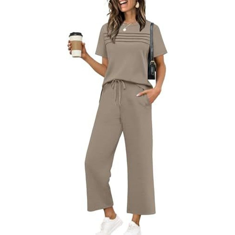 Women's Lounge Set - Short Sleeve Top & Wide Leg Pants