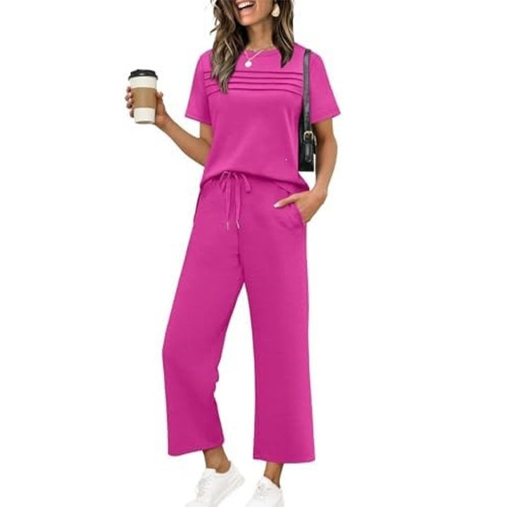 Women's Lounge Set - Short Sleeve Top & Wide Leg Pants