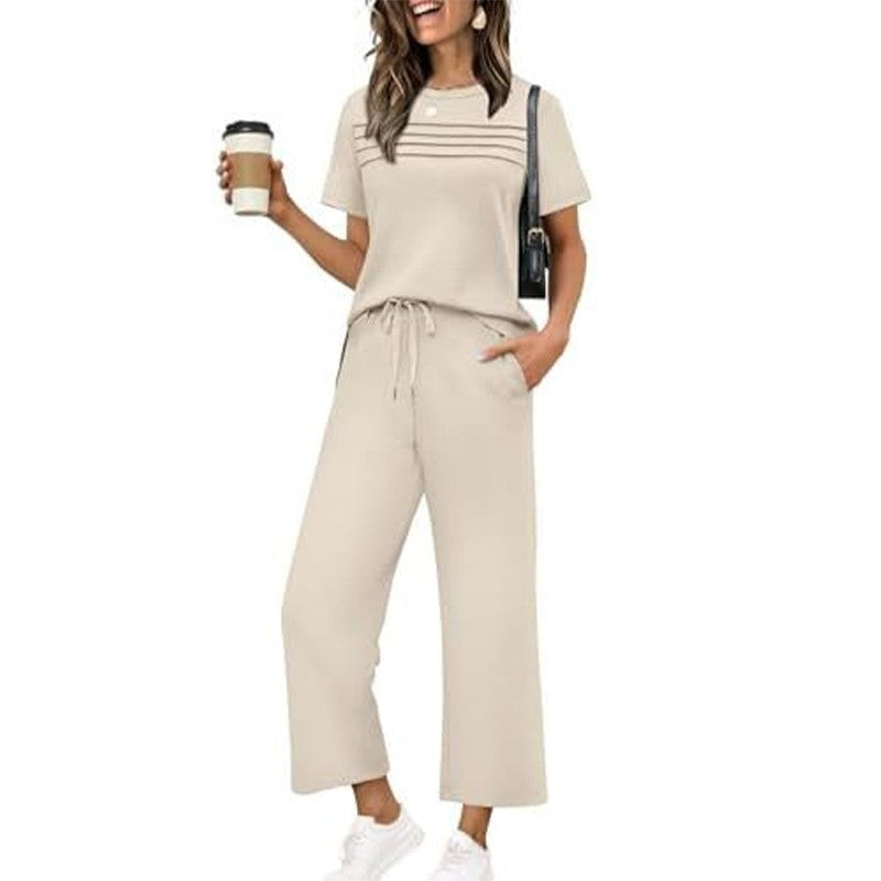 Women's Lounge Set - Short Sleeve Top & Wide Leg Pants