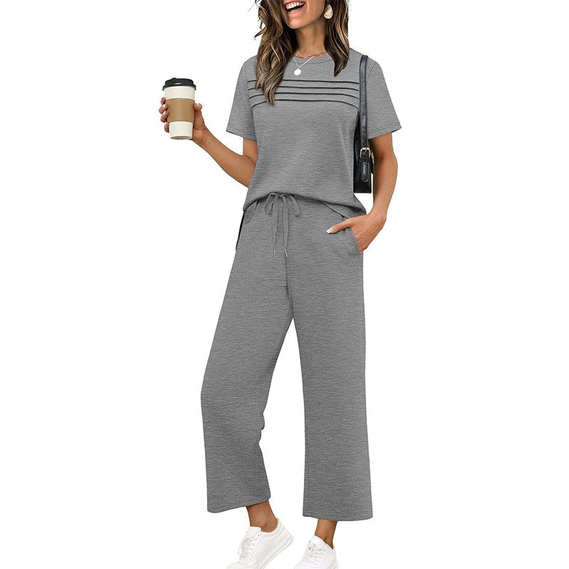 Women's Lounge Set - Short Sleeve Top & Wide Leg Pants