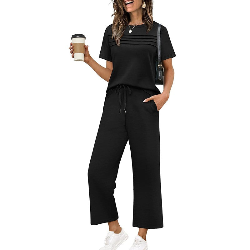 Women's Lounge Set - Short Sleeve Top & Wide Leg Pants