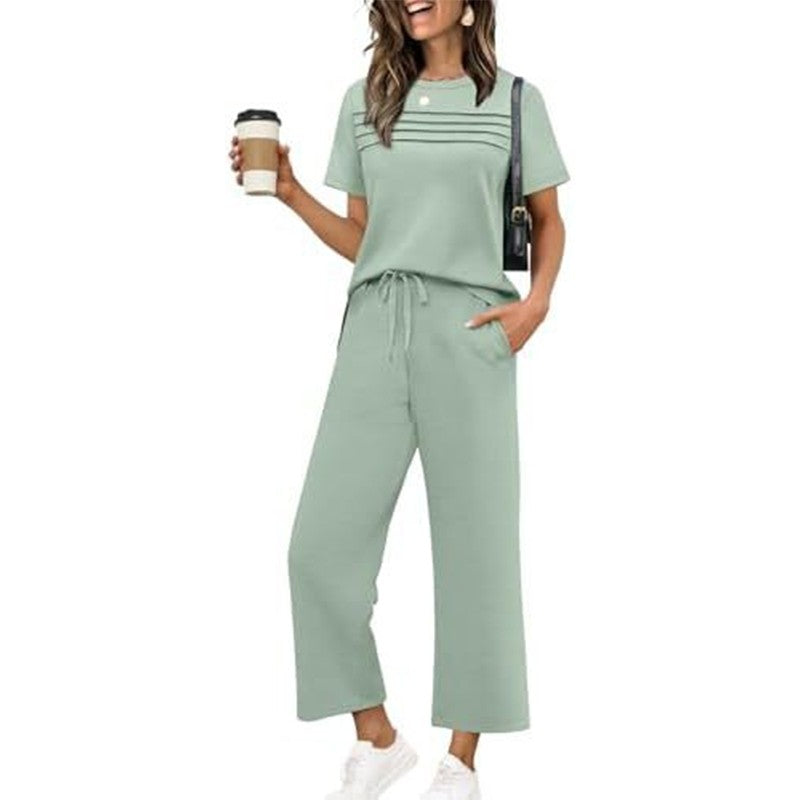 Women's Lounge Set - Short Sleeve Top & Wide Leg Pants