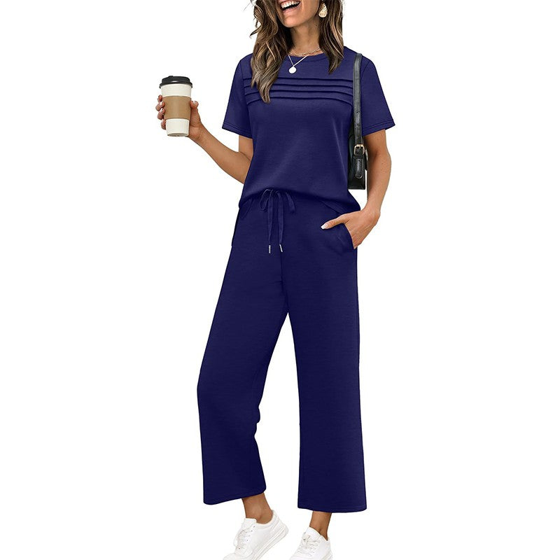 Women's Lounge Set - Short Sleeve Top & Wide Leg Pants