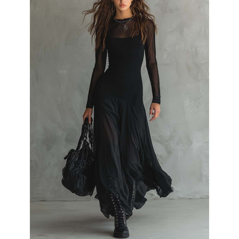 Women's Maxi Dress - Black Sheer Long Sleeves