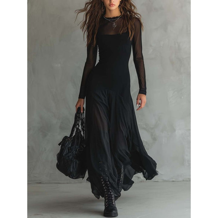 Women's Maxi Dress - Black Sheer Long Sleeves
