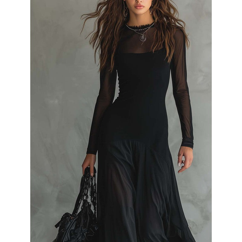 Women's Maxi Dress - Black Sheer Long Sleeves