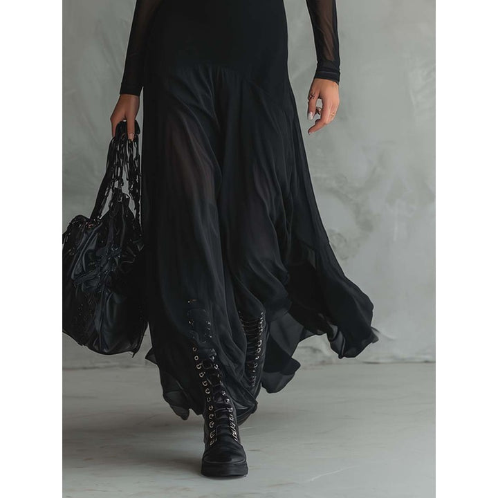 Women's Maxi Dress - Black Sheer Long Sleeves
