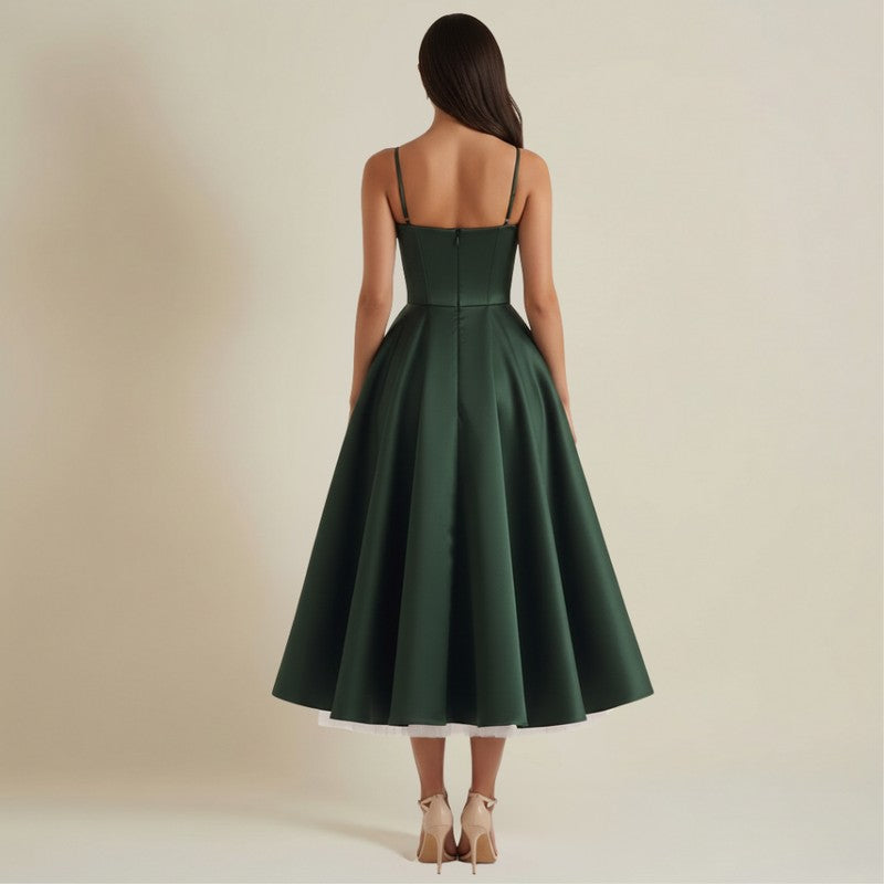 Women's Midi Dress - Corset Bodice with Thin Straps