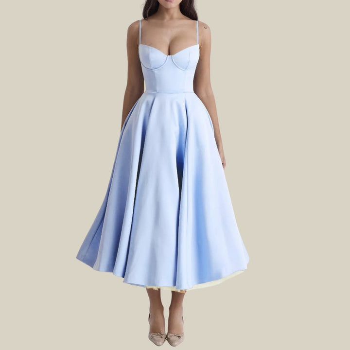 Women's Midi Dress - Corset Bodice with Thin Straps