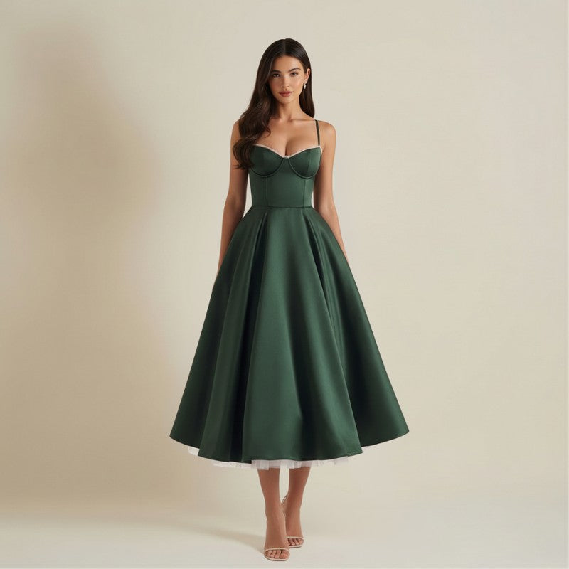 Women's Midi Dress - Corset Bodice with Thin Straps