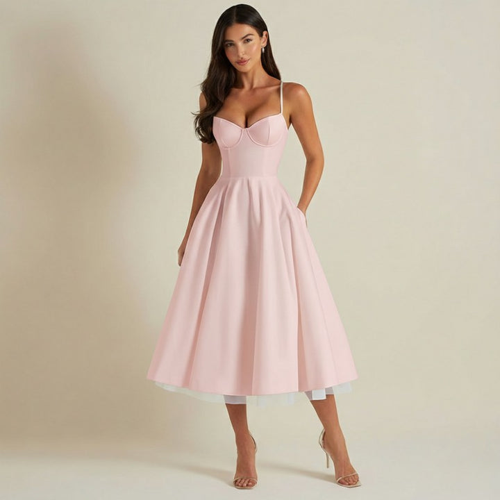 Women's Midi Dress - Corset Bodice with Thin Straps