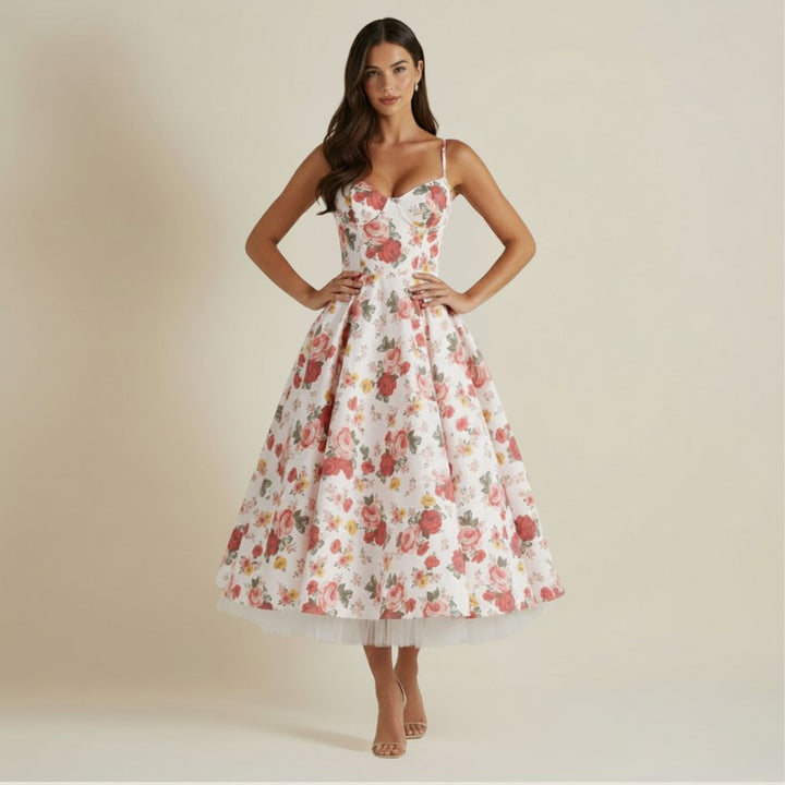 Women's Midi Dress - Corset Bodice with Thin Straps