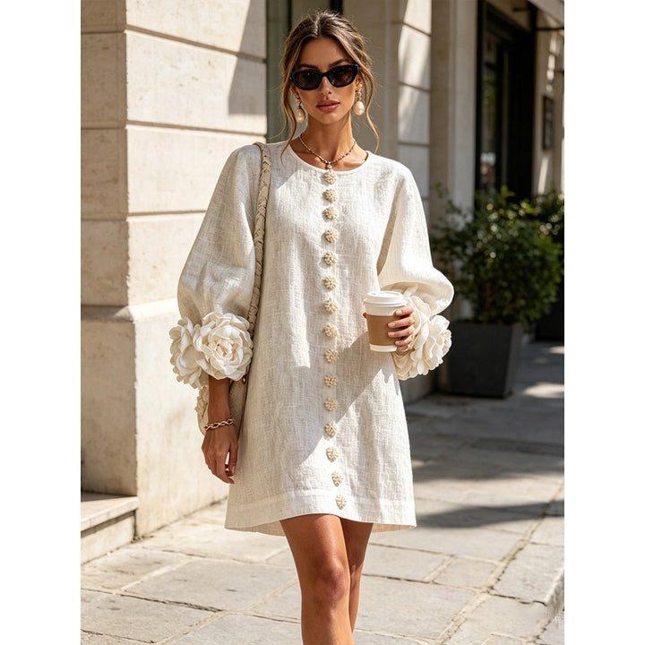 Women's Mini Dress - A-line with Three-Quarter Balloon Sleeves