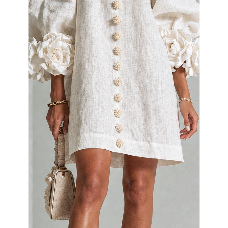 Women's Mini Dress - A-line with Three-Quarter Balloon Sleeves