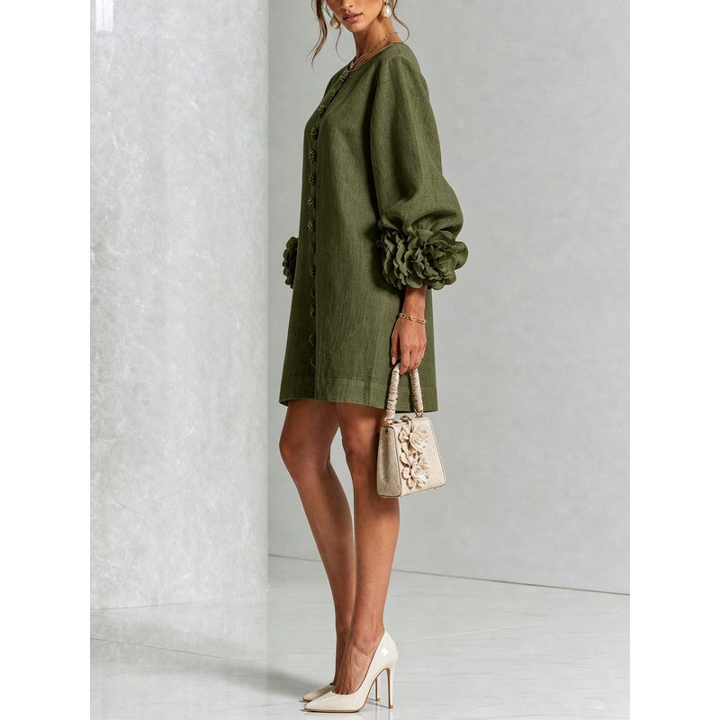 Women's Mini Dress - A-line with Three-Quarter Balloon Sleeves