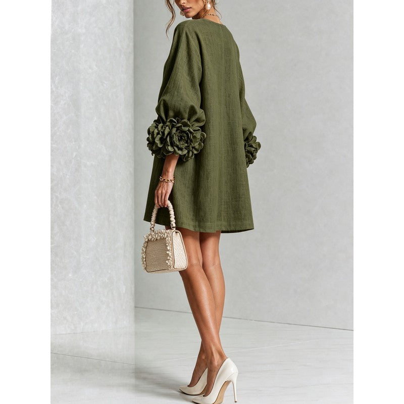 Women's Mini Dress - A-line with Three-Quarter Balloon Sleeves