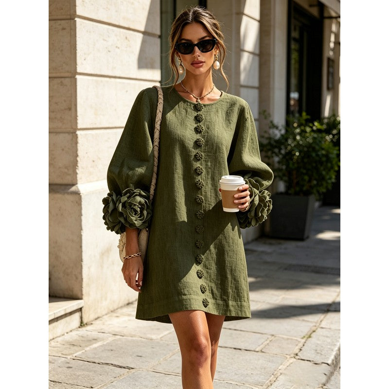 Women's Mini Dress - A-line with Three-Quarter Balloon Sleeves
