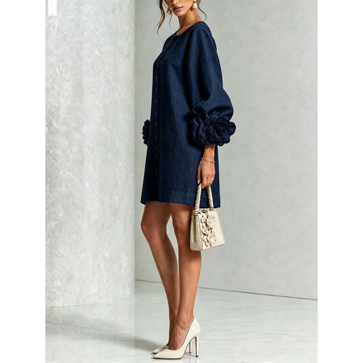 Women's Mini Dress - A-line with Three-Quarter Balloon Sleeves