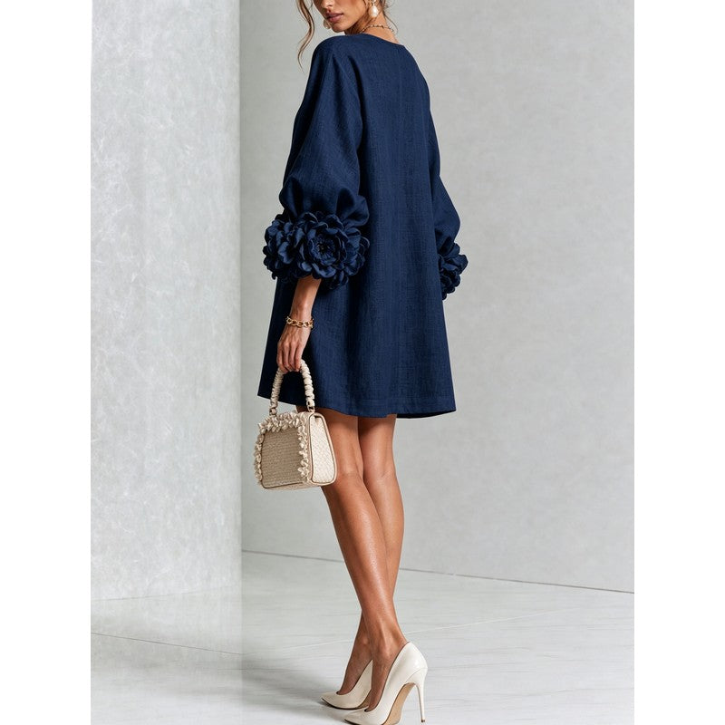 Women's Mini Dress - A-line with Three-Quarter Balloon Sleeves