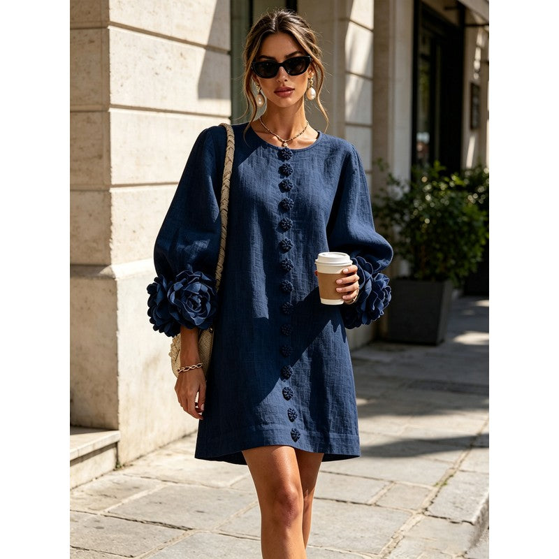Women's Mini Dress - A-line with Three-Quarter Balloon Sleeves