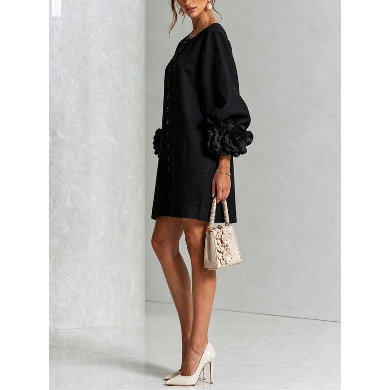 Women's Mini Dress - A-line with Three-Quarter Balloon Sleeves
