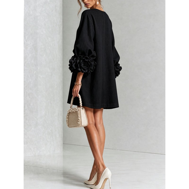 Women's Mini Dress - A-line with Three-Quarter Balloon Sleeves