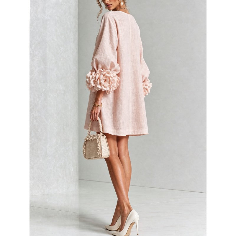 Women's Mini Dress - A-line with Three-Quarter Balloon Sleeves
