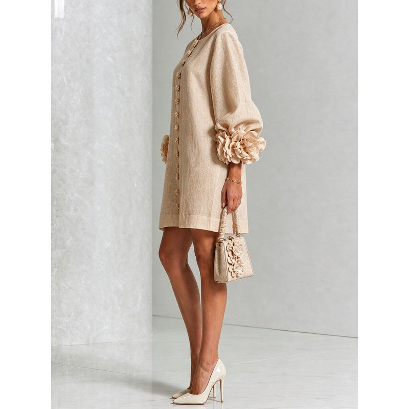 Women's Mini Dress - A-line with Three-Quarter Balloon Sleeves