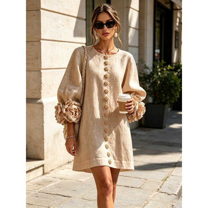 Women's Mini Dress - A-line with Three-Quarter Balloon Sleeves