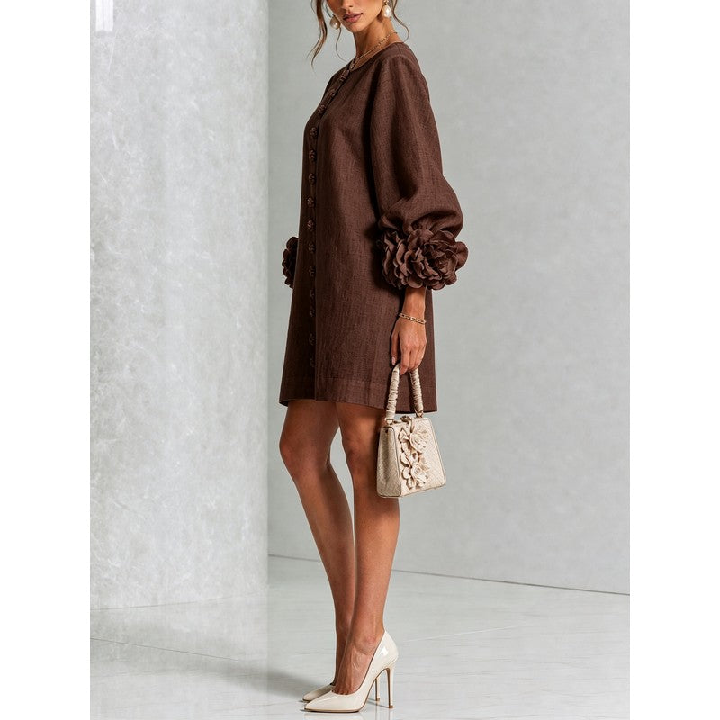Women's Mini Dress - A-line with Three-Quarter Balloon Sleeves