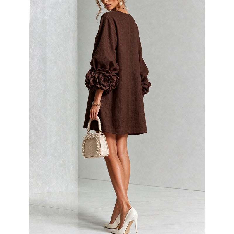 Women's Mini Dress - A-line with Three-Quarter Balloon Sleeves
