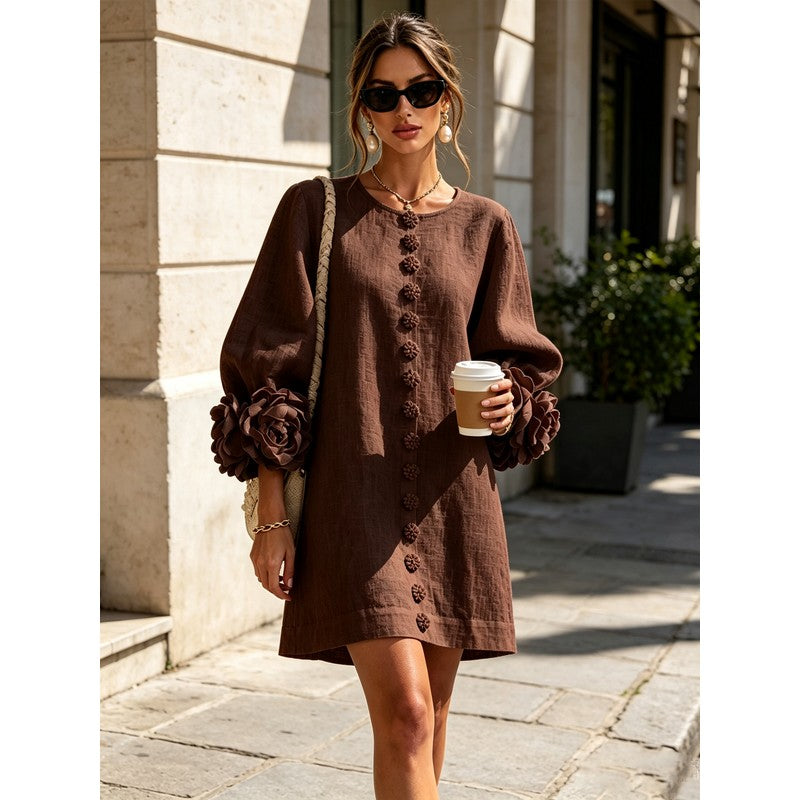 Women's Mini Dress - A-line with Three-Quarter Balloon Sleeves