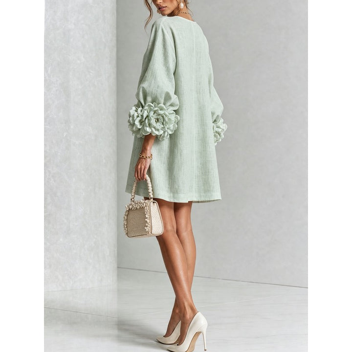 Women's Mini Dress - A-line with Three-Quarter Balloon Sleeves